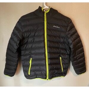 Eddie Bauer Kids Size Large Down Puffer Jacket Reversible Black Gray Lightweight